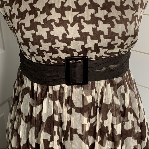 ZARA Brown Houndstooth Silk Chiffon Roll Neck Belt Sleeveless Cocktail Dress, S - Picture 4 of 11